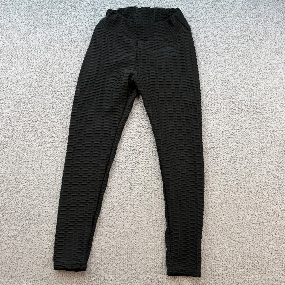 Womens Black Honeycomb Textured Scrunch Butt High Waisted Leggings Size L